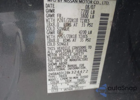 2008 Nissan Titan Se z USA, uszkodzony, nr VIN 1N6BA07C28N324472